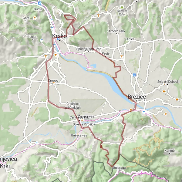 Miniaturní mapa "Gravel Krško - Leskovec pri Krškem" inspirace pro cyklisty v oblasti Vzhodna Slovenija, Slovenia. Vytvořeno pomocí plánovače tras Tarmacs.app