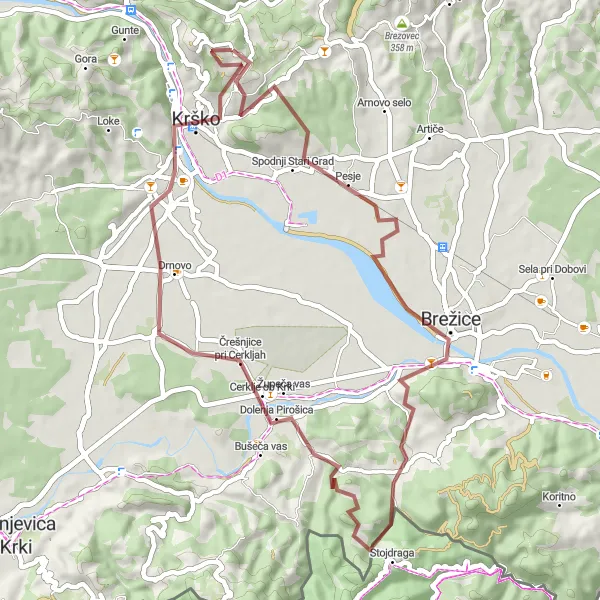 Map miniature of "Krško Gravel Adventure" cycling inspiration in Vzhodna Slovenija, Slovenia. Generated by Tarmacs.app cycling route planner