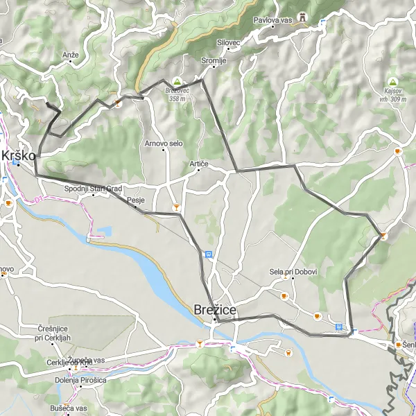 Map miniature of "Krško - Lopatna - Pribožičev vrh - Dobova - Krško" cycling inspiration in Vzhodna Slovenija, Slovenia. Generated by Tarmacs.app cycling route planner