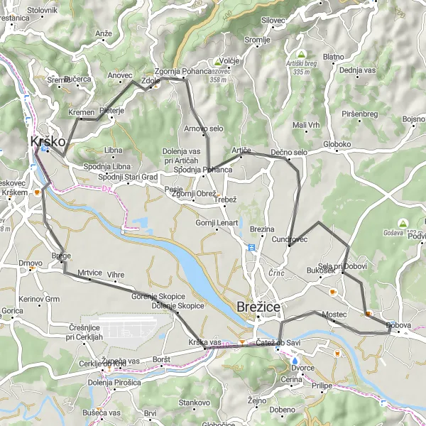 Map miniature of "Čatež Escape" cycling inspiration in Vzhodna Slovenija, Slovenia. Generated by Tarmacs.app cycling route planner