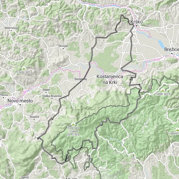 Map miniature of "Krško Ridge Route" cycling inspiration in Vzhodna Slovenija, Slovenia. Generated by Tarmacs.app cycling route planner