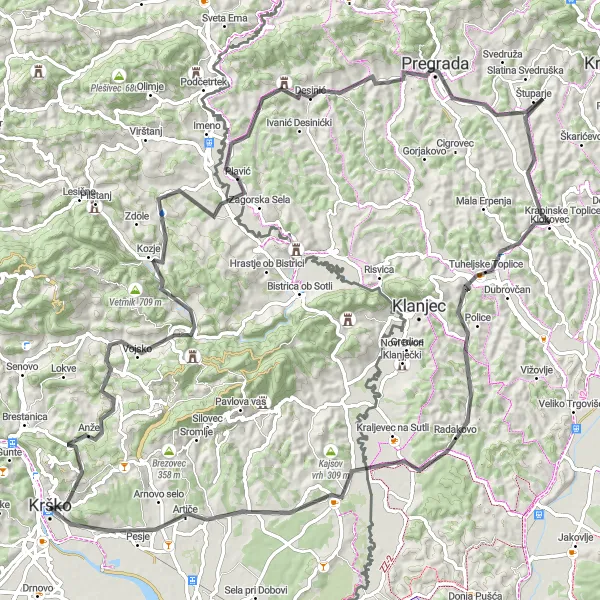 Karten-Miniaturansicht der Radinspiration "Herausfordernde Straßentour um Krško" in Vzhodna Slovenija, Slovenia. Erstellt vom Tarmacs.app-Routenplaner für Radtouren