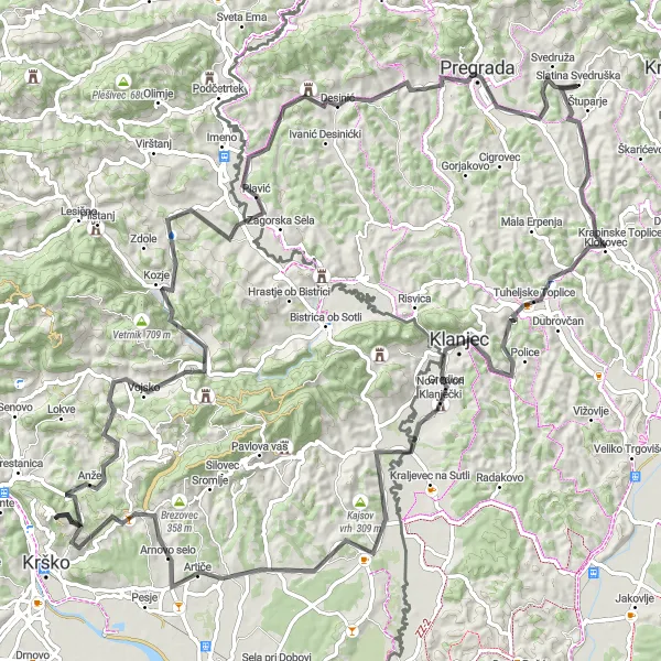 Map miniature of "Scenic Mountain Ride" cycling inspiration in Vzhodna Slovenija, Slovenia. Generated by Tarmacs.app cycling route planner