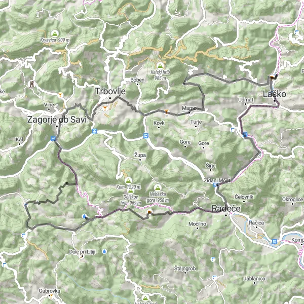 Map miniature of "Laško - Gradnik - Špega - Bebrov hrib" cycling inspiration in Vzhodna Slovenija, Slovenia. Generated by Tarmacs.app cycling route planner