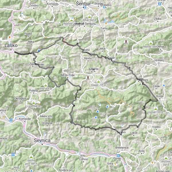 Miniatura della mappa di ispirazione al ciclismo "Laško - Sveti Jurij Loop" nella regione di Vzhodna Slovenija, Slovenia. Generata da Tarmacs.app, pianificatore di rotte ciclistiche