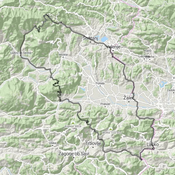 Map miniature of "Mountains and Valleys" cycling inspiration in Vzhodna Slovenija, Slovenia. Generated by Tarmacs.app cycling route planner