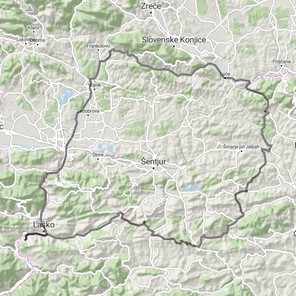 Miniatura della mappa di ispirazione al ciclismo "Circuito Panoramico di Laško" nella regione di Vzhodna Slovenija, Slovenia. Generata da Tarmacs.app, pianificatore di rotte ciclistiche