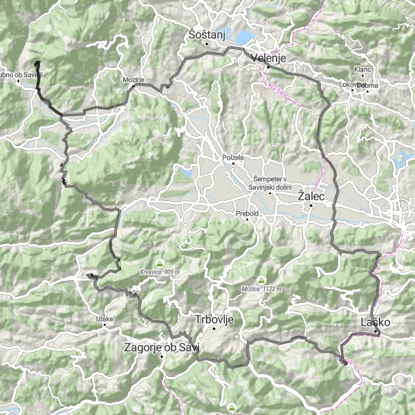 Map miniature of "Mountain Challenge: Laško to Petrovče" cycling inspiration in Vzhodna Slovenija, Slovenia. Generated by Tarmacs.app cycling route planner