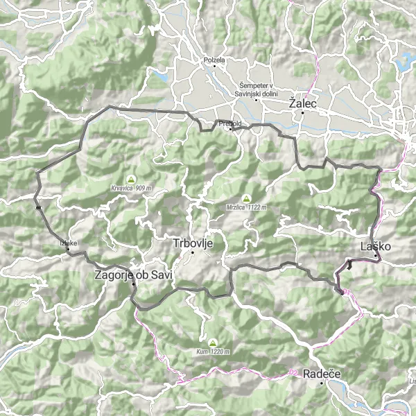 Miniatura della mappa di ispirazione al ciclismo "Avventura di 88 km da Laško attraverso Borovnik e Liboje" nella regione di Vzhodna Slovenija, Slovenia. Generata da Tarmacs.app, pianificatore di rotte ciclistiche