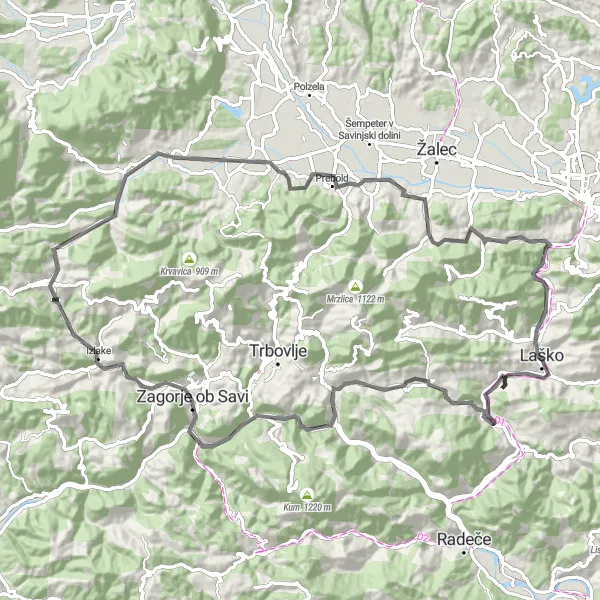 Zemljevid v pomanjšavi "Laško - Vipota Road Cycling Route" kolesarske inspiracije v Vzhodna Slovenija, Slovenia. Generirano z načrtovalcem kolesarskih poti Tarmacs.app