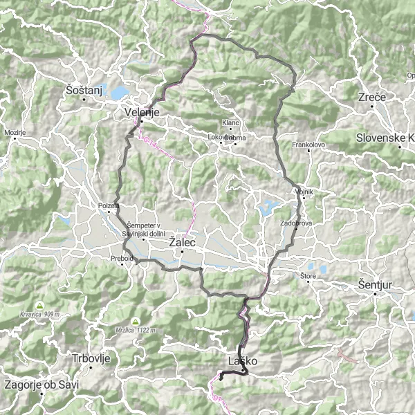 Miniatura della mappa di ispirazione al ciclismo "Laško - Vitanje Circuit" nella regione di Vzhodna Slovenija, Slovenia. Generata da Tarmacs.app, pianificatore di rotte ciclistiche