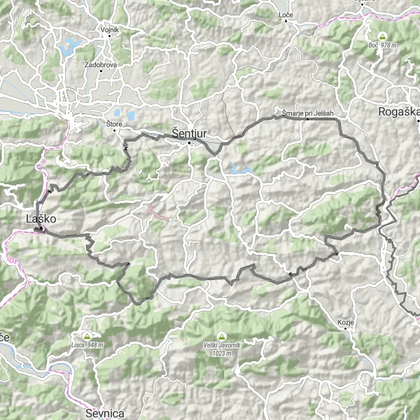 Map miniature of "Laško and the Slovenian Highlands" cycling inspiration in Vzhodna Slovenija, Slovenia. Generated by Tarmacs.app cycling route planner