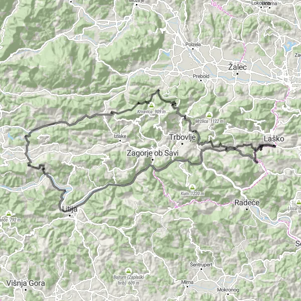 Map miniature of "Mountain Challenge" cycling inspiration in Vzhodna Slovenija, Slovenia. Generated by Tarmacs.app cycling route planner