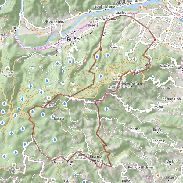Miniaturní mapa "Gravel trasa Laznica - Bistrica ob Dravi" inspirace pro cyklisty v oblasti Vzhodna Slovenija, Slovenia. Vytvořeno pomocí plánovače tras Tarmacs.app