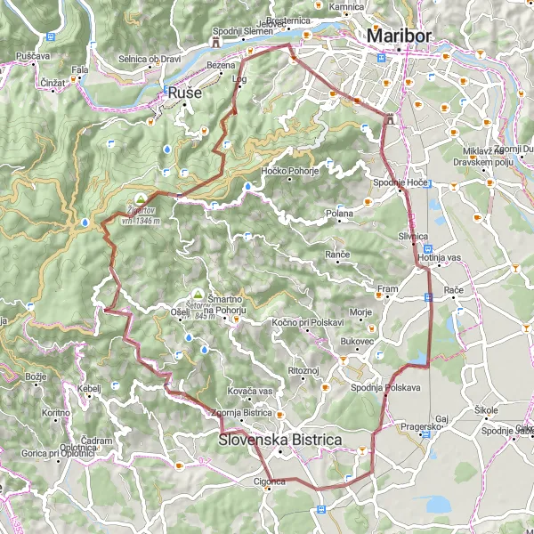 Miniatura della mappa di ispirazione al ciclismo "Tour in bicicletta gravel da Limbuš" nella regione di Vzhodna Slovenija, Slovenia. Generata da Tarmacs.app, pianificatore di rotte ciclistiche