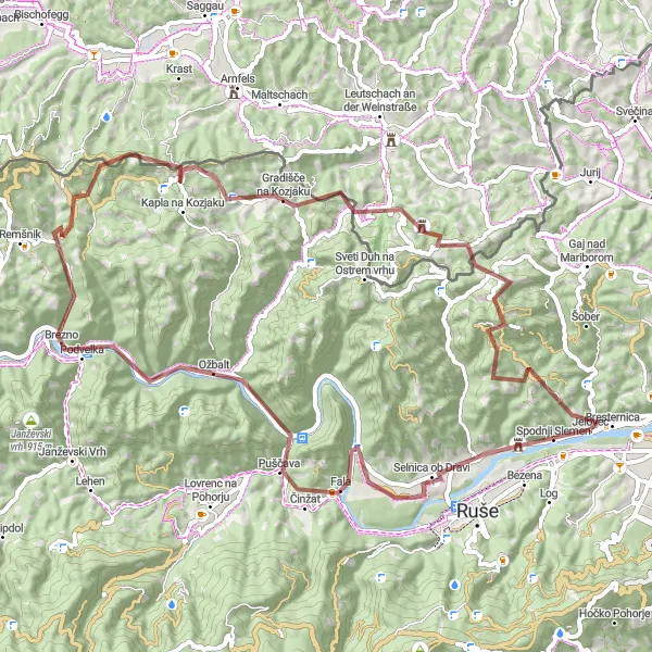 Map miniature of "Kozjak Gravel Journey" cycling inspiration in Vzhodna Slovenija, Slovenia. Generated by Tarmacs.app cycling route planner