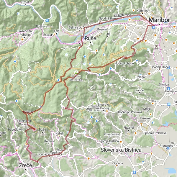 Miniatura della mappa di ispirazione al ciclismo "Percorso ciclistico circolare da Limbuš attraverso Maribor e Oplotnica" nella regione di Vzhodna Slovenija, Slovenia. Generata da Tarmacs.app, pianificatore di rotte ciclistiche