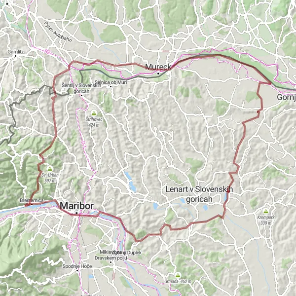 Miniaturní mapa "Horská cyklotrasa Zgornja Kungota - Hum" inspirace pro cyklisty v oblasti Vzhodna Slovenija, Slovenia. Vytvořeno pomocí plánovače tras Tarmacs.app