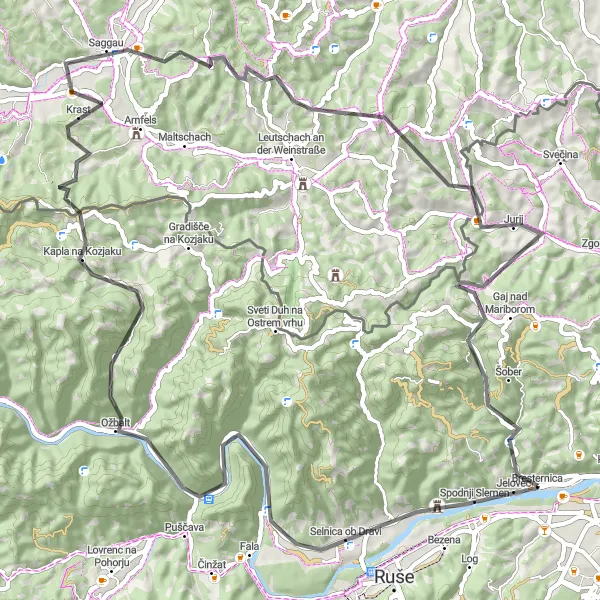 Miniatura della mappa di ispirazione al ciclismo "Giro in bici da Limbuš attraverso Ožbalt e Sankt Johann im Saggautal" nella regione di Vzhodna Slovenija, Slovenia. Generata da Tarmacs.app, pianificatore di rotte ciclistiche