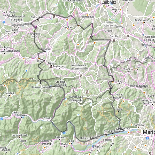 Miniatura della mappa di ispirazione al ciclismo "Avventura ciclistica attraverso le colline slovene" nella regione di Vzhodna Slovenija, Slovenia. Generata da Tarmacs.app, pianificatore di rotte ciclistiche