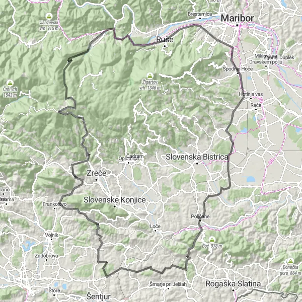 Miniaturní mapa "Cyklistická trasa podél Pohorje s úžasnými výhledy" inspirace pro cyklisty v oblasti Vzhodna Slovenija, Slovenia. Vytvořeno pomocí plánovače tras Tarmacs.app