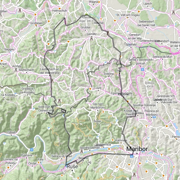 Map miniature of "Road to Serenity" cycling inspiration in Vzhodna Slovenija, Slovenia. Generated by Tarmacs.app cycling route planner