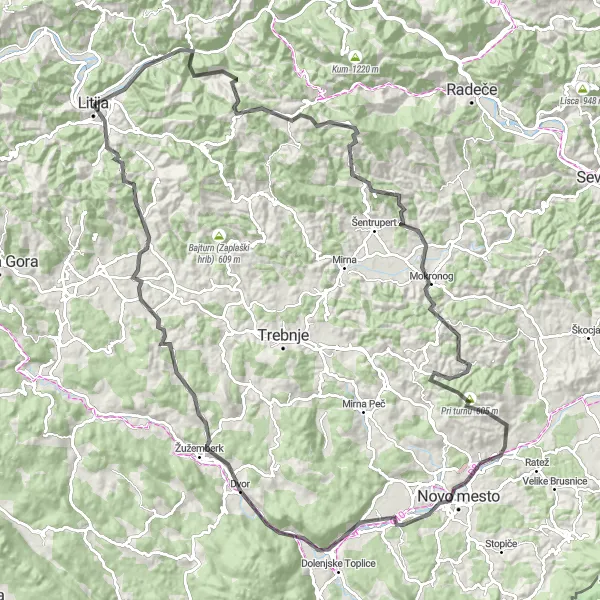 Map miniature of "The Litija Cycling Adventure" cycling inspiration in Vzhodna Slovenija, Slovenia. Generated by Tarmacs.app cycling route planner