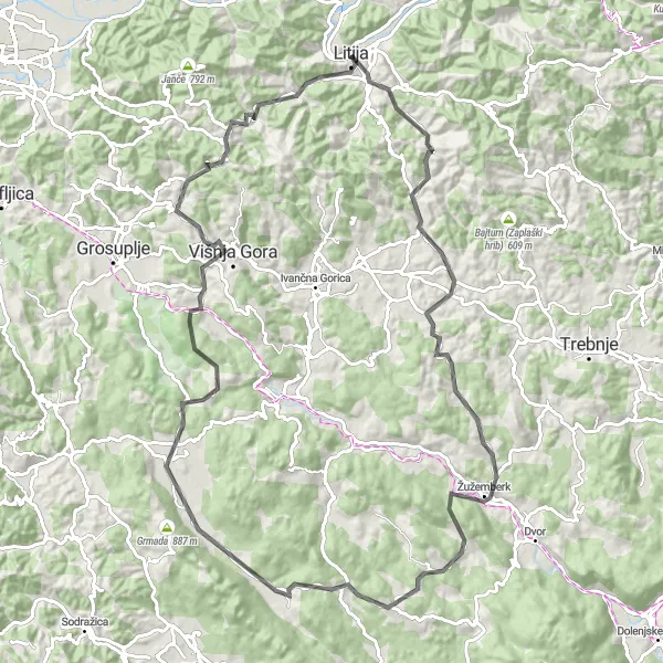 Map miniature of "Litija Hill Climbing" cycling inspiration in Vzhodna Slovenija, Slovenia. Generated by Tarmacs.app cycling route planner