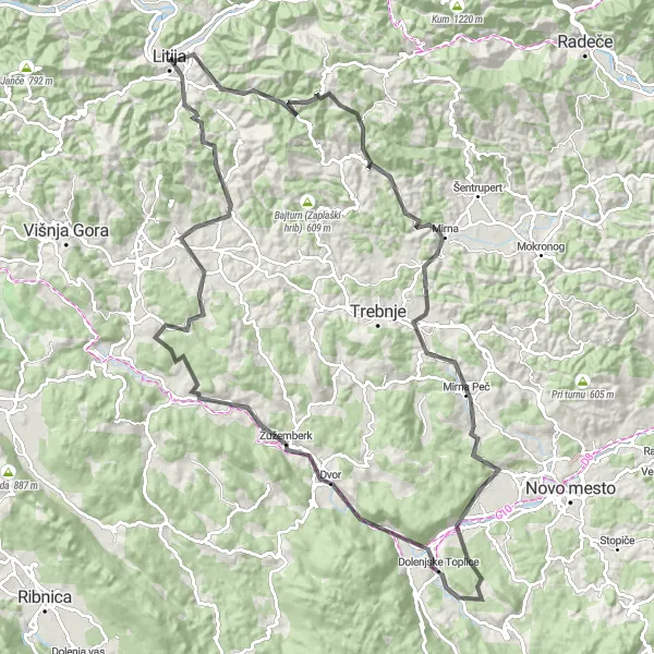 Map miniature of "Litija Scenic Loop" cycling inspiration in Vzhodna Slovenija, Slovenia. Generated by Tarmacs.app cycling route planner
