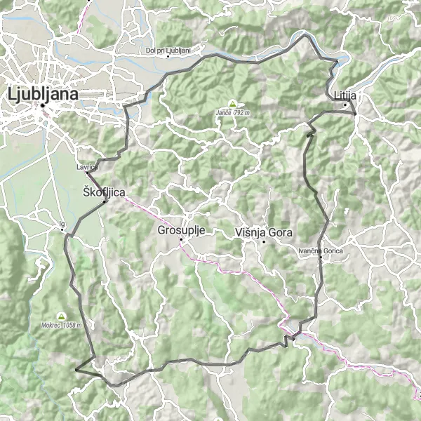 Map miniature of "Litija Road Adventure" cycling inspiration in Vzhodna Slovenija, Slovenia. Generated by Tarmacs.app cycling route planner