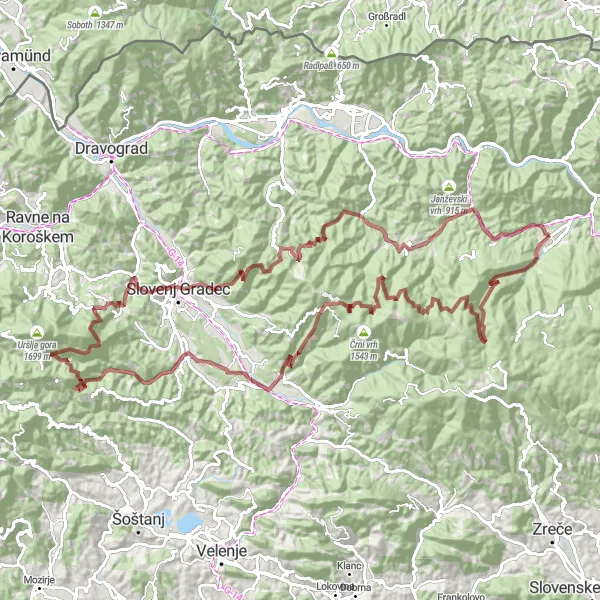 Map miniature of "Pohorje Off-Road Adventure" cycling inspiration in Vzhodna Slovenija, Slovenia. Generated by Tarmacs.app cycling route planner