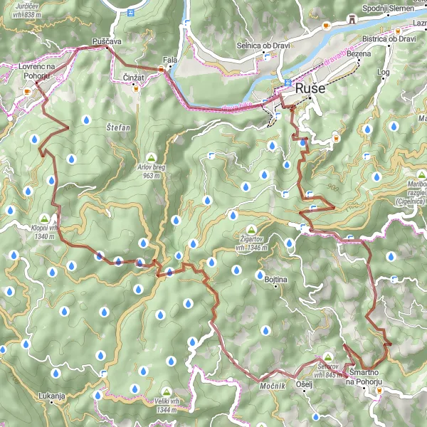 Map miniature of "Gravel Adventures in Pohorje" cycling inspiration in Vzhodna Slovenija, Slovenia. Generated by Tarmacs.app cycling route planner
