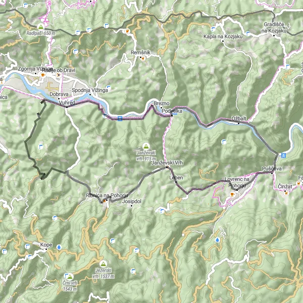 Map miniature of "Scenic Enchantments of Pohorje" cycling inspiration in Vzhodna Slovenija, Slovenia. Generated by Tarmacs.app cycling route planner