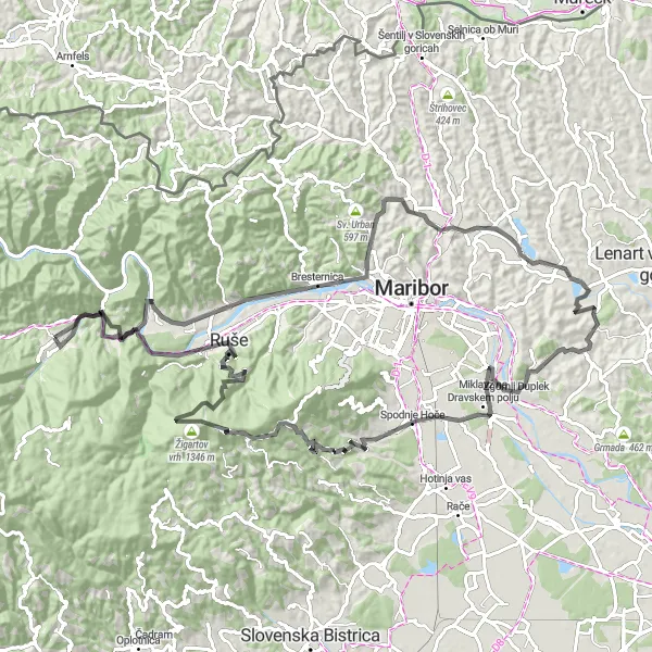 Map miniature of "Pohorje Road Cycling Challenge" cycling inspiration in Vzhodna Slovenija, Slovenia. Generated by Tarmacs.app cycling route planner