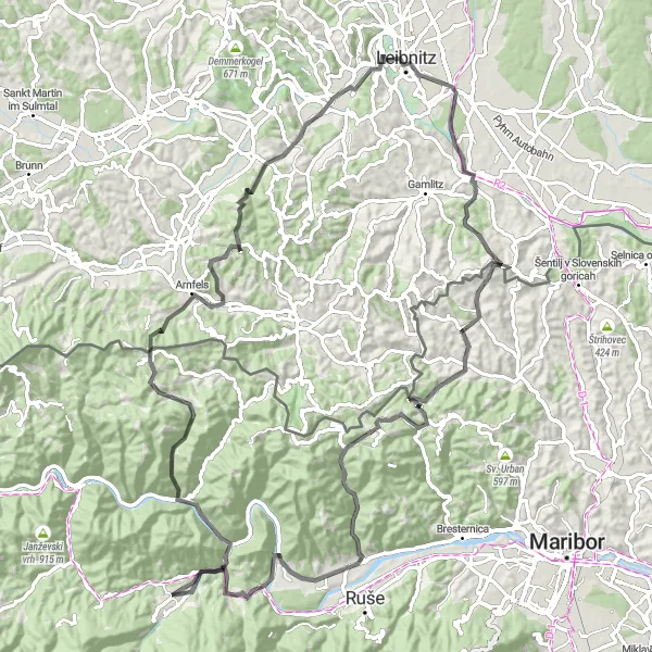 Zemljevid v pomanjšavi "Pohorje Panorama" kolesarske inspiracije v Vzhodna Slovenija, Slovenia. Generirano z načrtovalcem kolesarskih poti Tarmacs.app