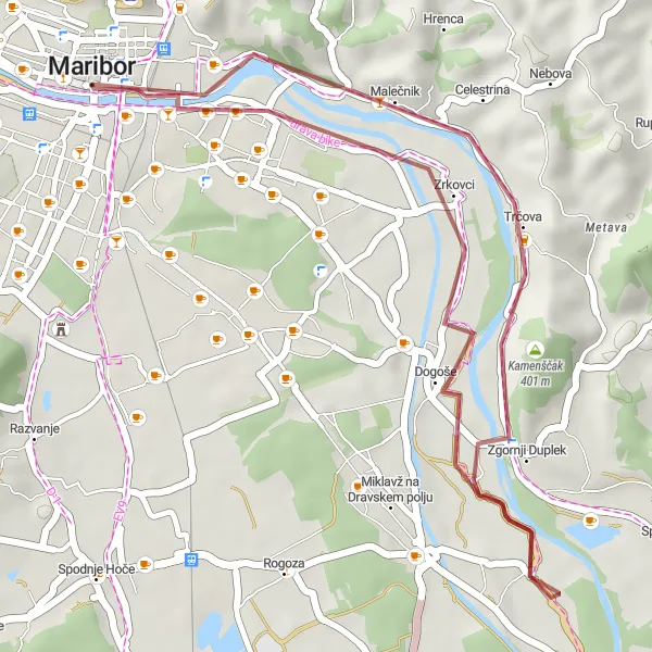 Miniatura della mappa di ispirazione al ciclismo "Esplorazione Rustica di Maribor" nella regione di Vzhodna Slovenija, Slovenia. Generata da Tarmacs.app, pianificatore di rotte ciclistiche
