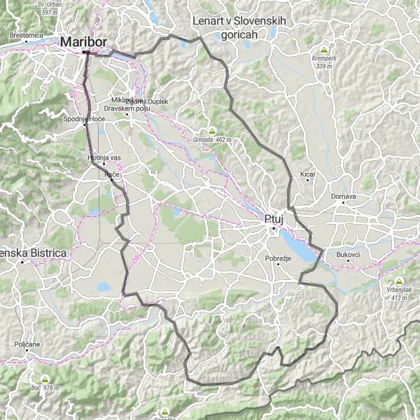 Miniatura della mappa di ispirazione al ciclismo "Giro panoramico delle colline intorno a Maribor" nella regione di Vzhodna Slovenija, Slovenia. Generata da Tarmacs.app, pianificatore di rotte ciclistiche