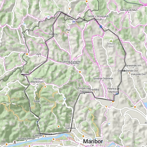 Miniatura della mappa di ispirazione al ciclismo "Tour panoramico tra le colline di Maribor" nella regione di Vzhodna Slovenija, Slovenia. Generata da Tarmacs.app, pianificatore di rotte ciclistiche