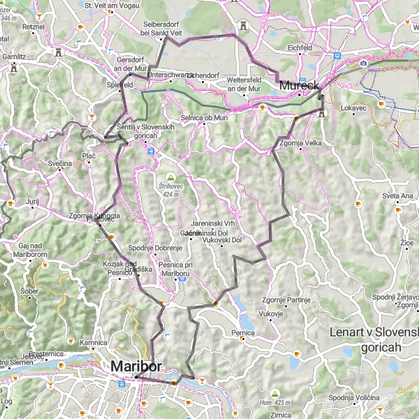 Miniatura della mappa di ispirazione al ciclismo "Giro alla scoperta di Maribor" nella regione di Vzhodna Slovenija, Slovenia. Generata da Tarmacs.app, pianificatore di rotte ciclistiche