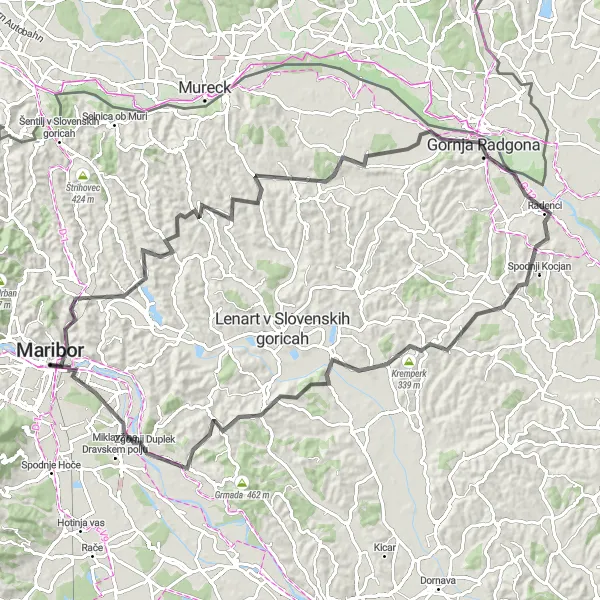 Map miniature of "Road to Bad Radkersburg" cycling inspiration in Vzhodna Slovenija, Slovenia. Generated by Tarmacs.app cycling route planner