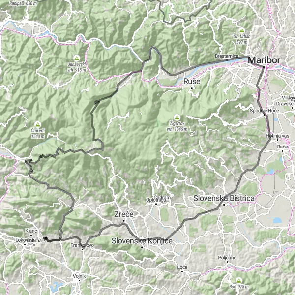 Map miniature of "The Pohorje Loop" cycling inspiration in Vzhodna Slovenija, Slovenia. Generated by Tarmacs.app cycling route planner