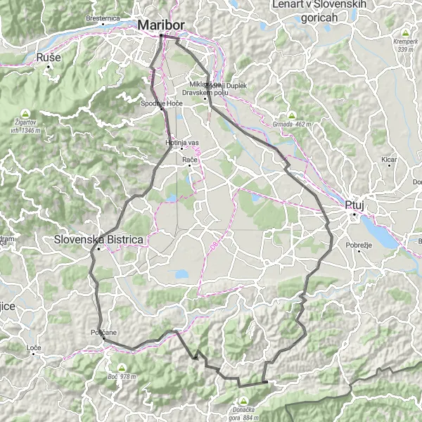 Miniaturní mapa "Okolí Mariboru - Draženci a zpět" inspirace pro cyklisty v oblasti Vzhodna Slovenija, Slovenia. Vytvořeno pomocí plánovače tras Tarmacs.app