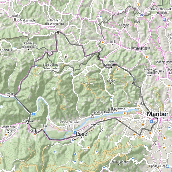 Map miniature of "Maribor Wine Country" cycling inspiration in Vzhodna Slovenija, Slovenia. Generated by Tarmacs.app cycling route planner
