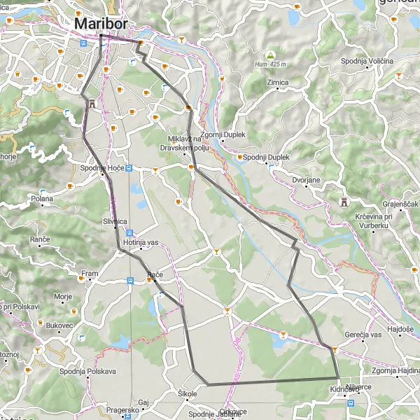 Miniaturní mapa "Cyklistická trasa Kungota - Rače" inspirace pro cyklisty v oblasti Vzhodna Slovenija, Slovenia. Vytvořeno pomocí plánovače tras Tarmacs.app