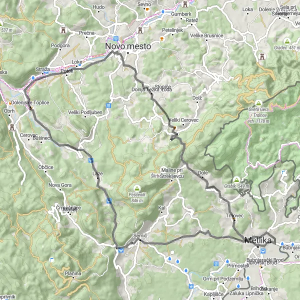 Map miniature of "The Charming Countryside" cycling inspiration in Vzhodna Slovenija, Slovenia. Generated by Tarmacs.app cycling route planner