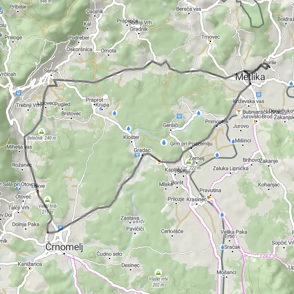 Map miniature of "The Hidden Gems of Metlika" cycling inspiration in Vzhodna Slovenija, Slovenia. Generated by Tarmacs.app cycling route planner