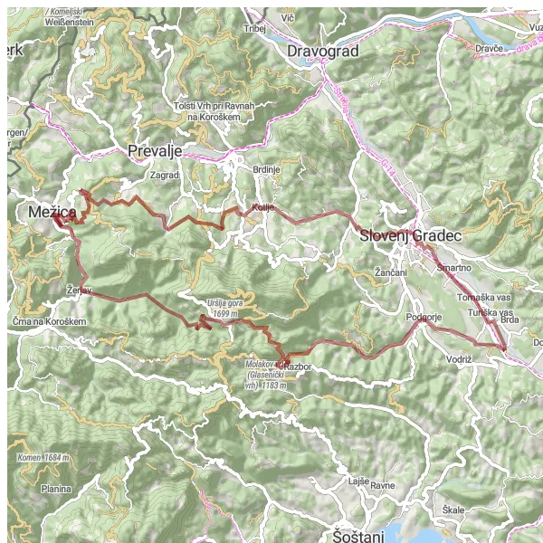 Map miniature of "Mežica Gravel Adventure" cycling inspiration in Vzhodna Slovenija, Slovenia. Generated by Tarmacs.app cycling route planner