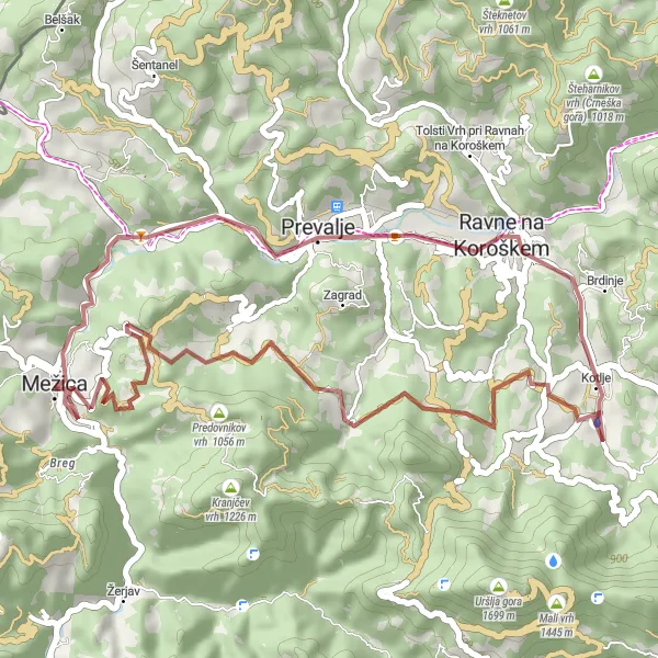 Miniatura della mappa di ispirazione al ciclismo "Esplorazione in mountain bike tra Mežica e Ravne na Koroškem" nella regione di Vzhodna Slovenija, Slovenia. Generata da Tarmacs.app, pianificatore di rotte ciclistiche
