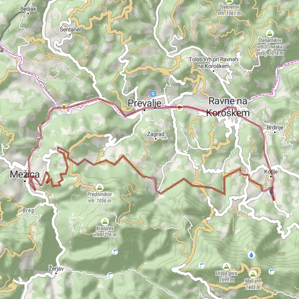 Zemljevid v pomanjšavi "Gravel route from Mežica to Mežica" kolesarske inspiracije v Vzhodna Slovenija, Slovenia. Generirano z načrtovalcem kolesarskih poti Tarmacs.app