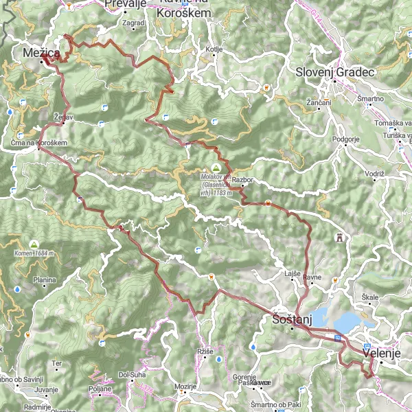 Map miniature of "Around Mežica to Hidden Gems" cycling inspiration in Vzhodna Slovenija, Slovenia. Generated by Tarmacs.app cycling route planner